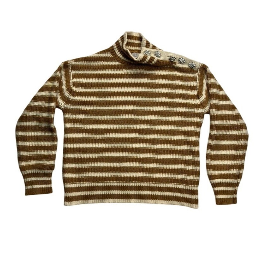 J.Crew Striped Lambswool Blend Mock Neck Sweater Jeweled Buttons Brown BM301‎ M
